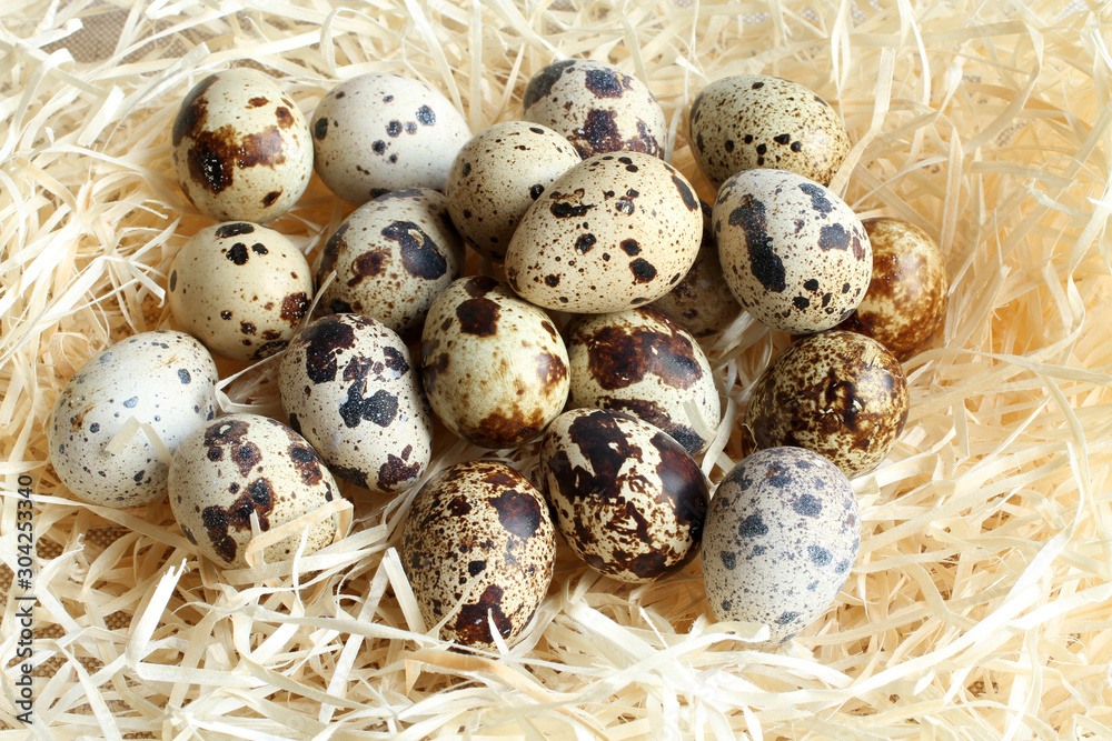 A heap of quail eggs on wooden stripes A heap of quail eggs on wooden stripes