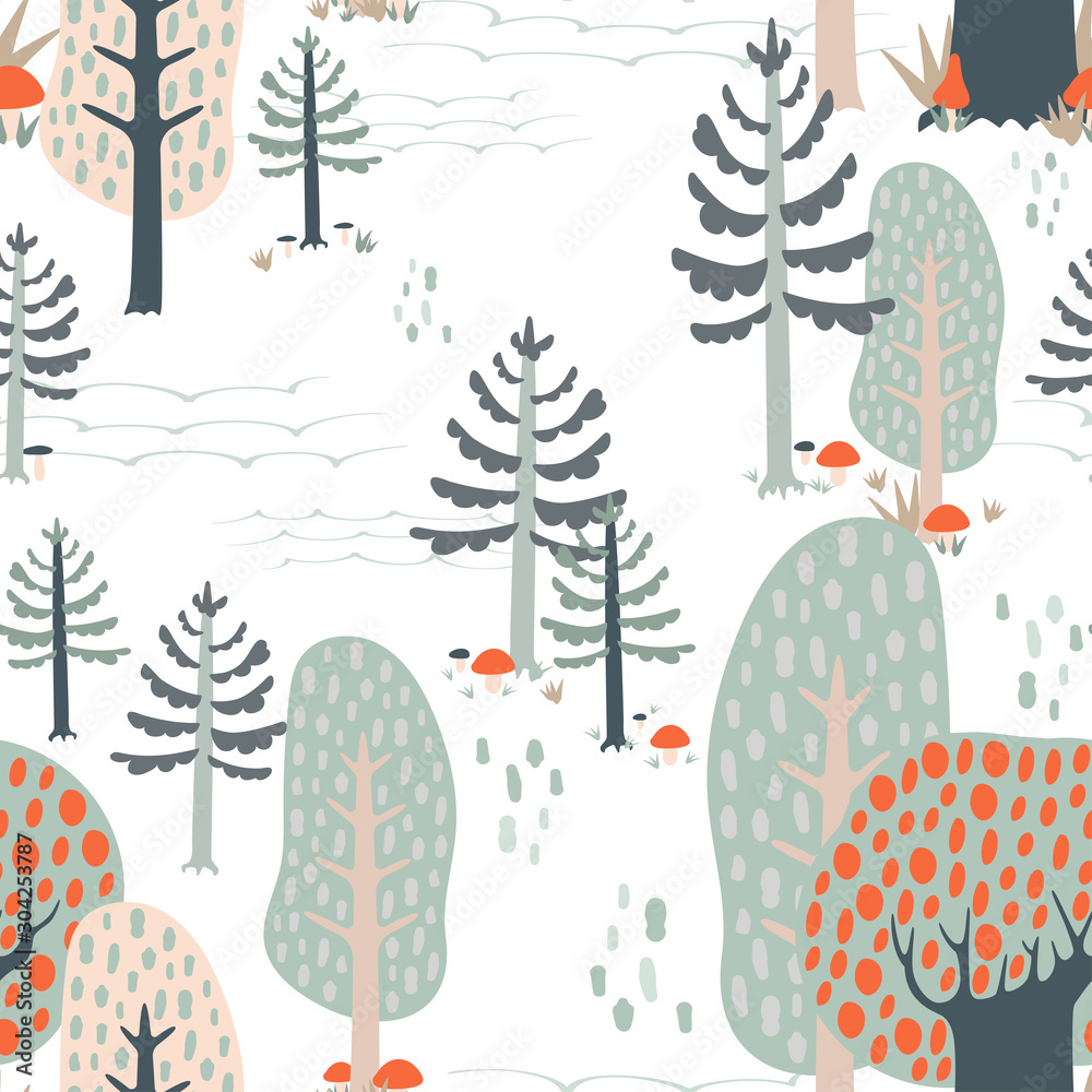Seamless pattern with simple cute cartoon trees. Vector illustration