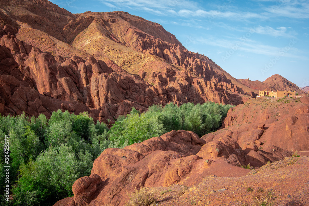 Landscape view of forest, oases, and mountains in the background, near the city. Sunny day in Ouarzazate, Morocco.