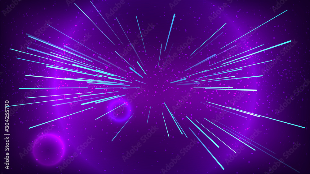Abstract purple background with blue cyan lines. Speed of light effect. Gradient backdrop with glowing circle and lens effect. Glamour template for  bright sale banner. Stock vector illustration
