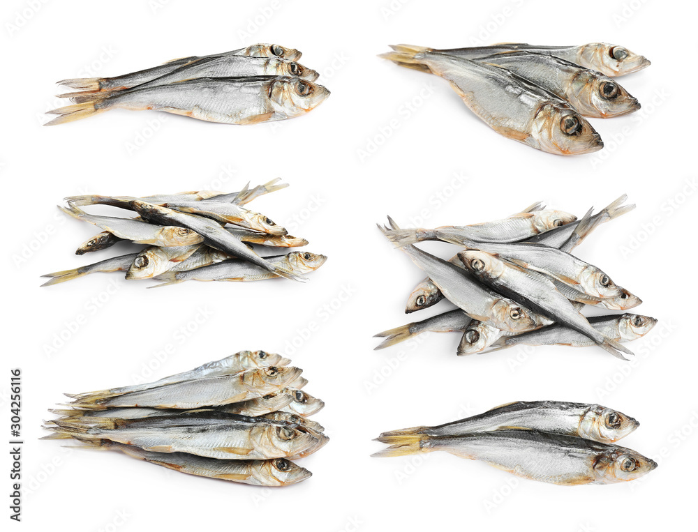 Set of tasty dry fish on white background