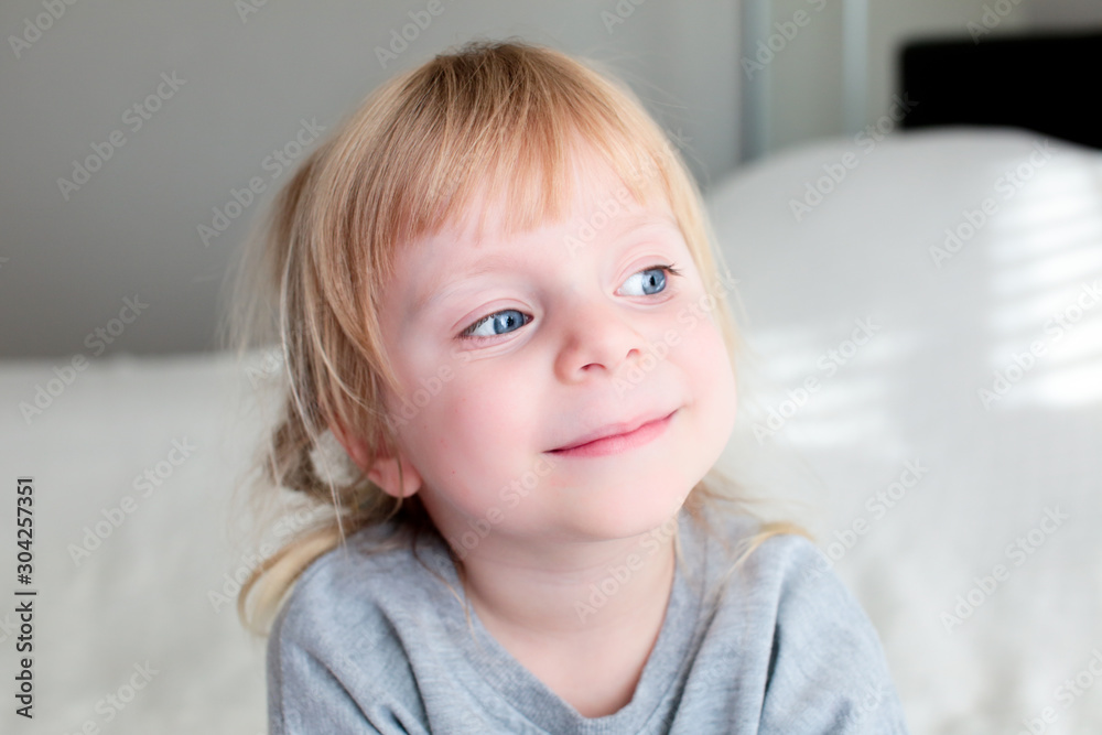 Close up Portrait of 3 Years Old Beautiful Girl, Blonde Hair, Big Blue Eyes, Happy Preschool Girl
