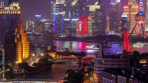 Shanghai Wusong river or Suzhou Creek urban cityscape aerial skyline panorama timelapse zoom out photo