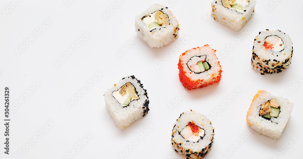 Japanese set rolls on white background. Japanese set rolls on white background.