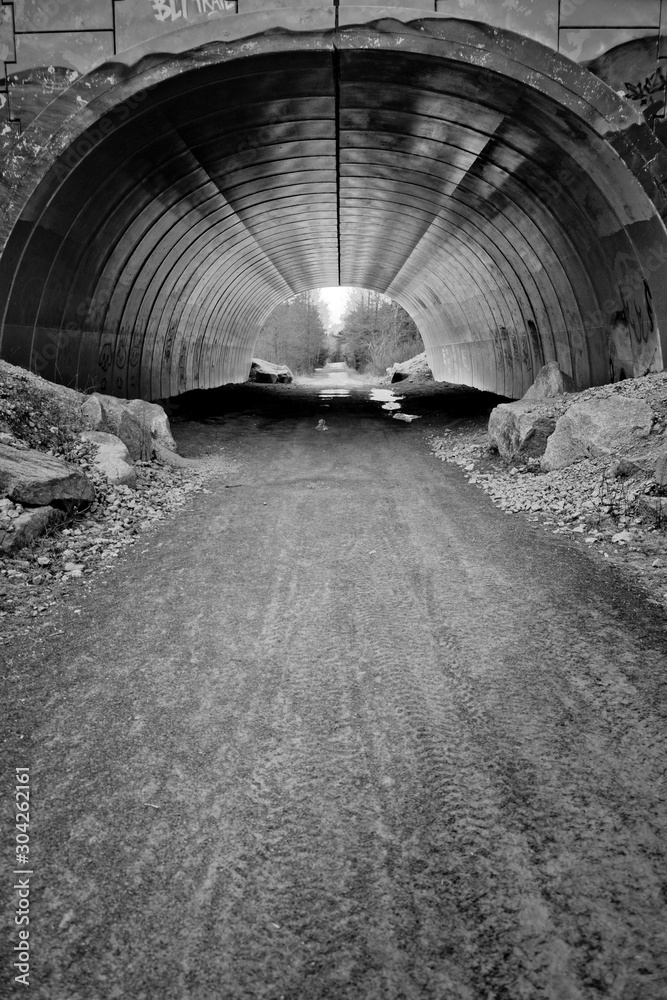 Obraz premium Looking through tunnel over road.