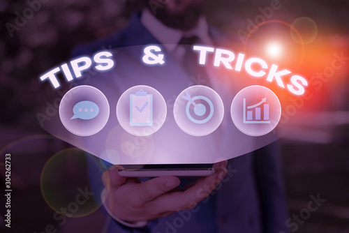 Word writing text Tips And Tricks. Business photo showcasing Steps Lifehacks Handy advice Recommendations Skills photo