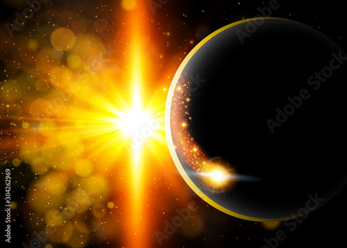 Vector dark abstract background with a solar eclipse. Black open space with a star shining from behind a planet, igniting its horizon. Round black placeholder for your text.