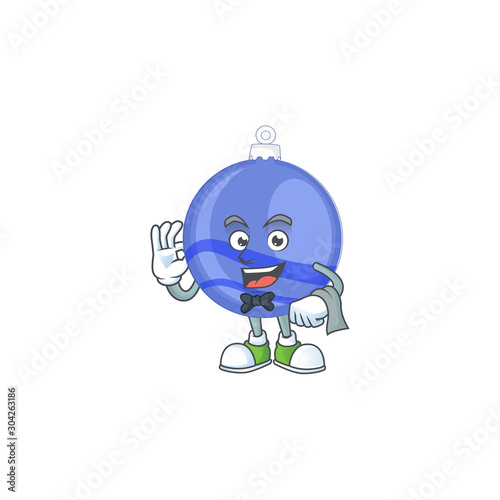 Shiny blue christmas ball cartoon with character waiter