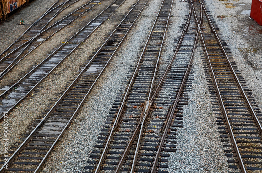 Looking down on the train tracks in a railroad yard. May rows of train tracks and switches are visible.