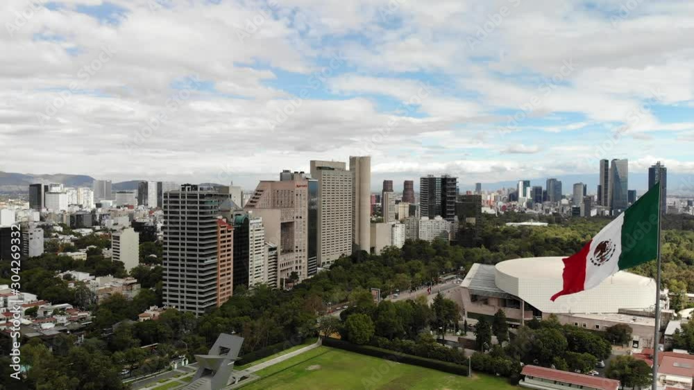 Aerial panoramic view of Polanco Skyline and the Monumental Flag in Campo Marte. Drone flying sideways Aerial panoramic view of Polanco Skyline and the Monumental Flag in Campo Marte. Drone flying sideways