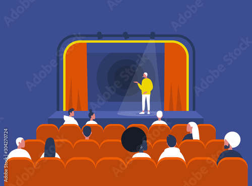 Entertainment and culture, Stand up comedy show, Young male artist performing on stage and Audience sitting in a vintage theatre with old fashion interior