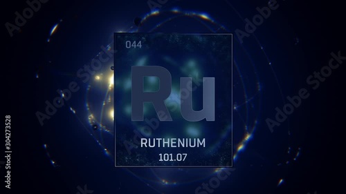 Ruthenium as Element 44 of the Periodic Table. Seamlessly looping 3D animation on blue illuminated atom design background with orbiting electrons. Design shows name, atomic weight and element number photo
