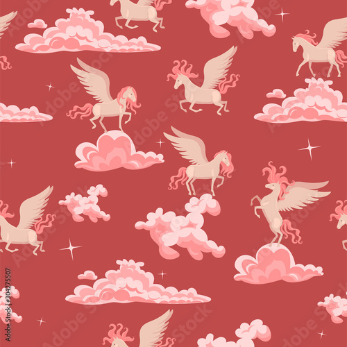 Pink seamless pattern with pegasus in the clouds. Vector graphics.