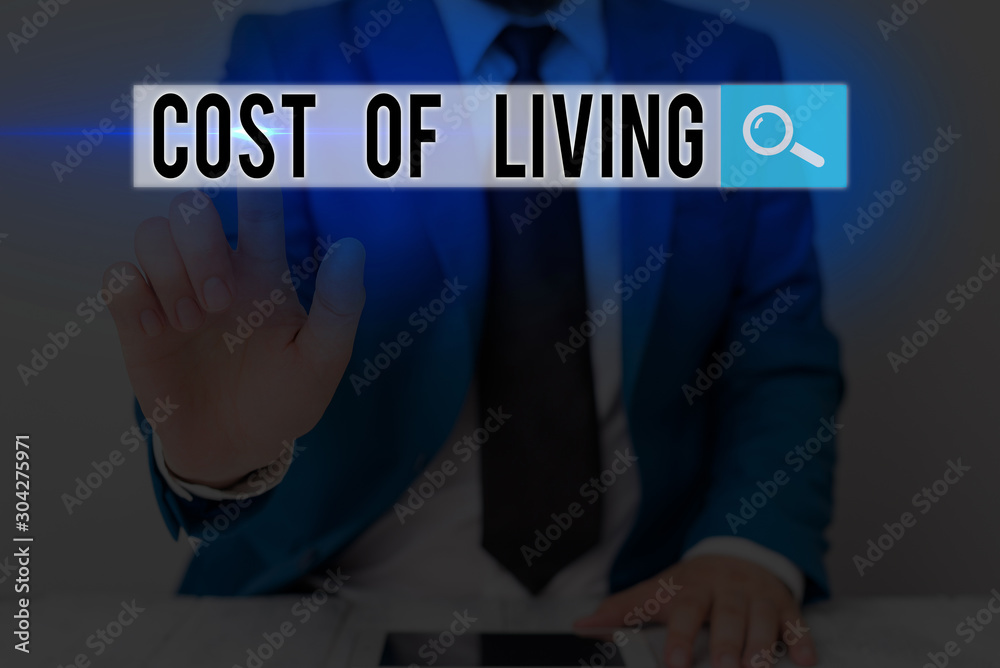 Naklejka premium Text sign showing Cost Of Living. Business photo text The level of prices relating to a range of everyday items