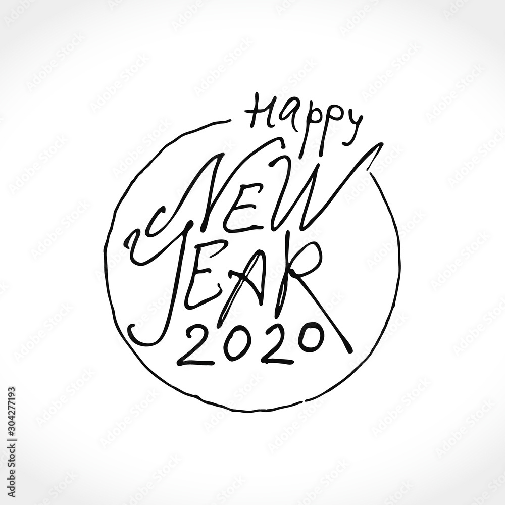 Fototapeta Happy New Year. 2020. Round vector logo. Handwritten pattern in white color on a black background. Template for New Year's design.