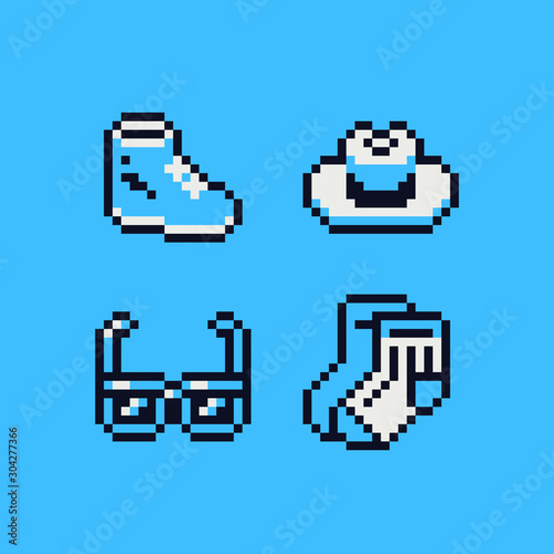 Sneakers, hat, socks and glasses, clothes and accessories pixel art icons set. Design for sticker, logo, web, mobile app, badges and patches. Isolated vector illustration.