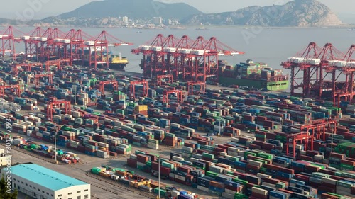 Yangshan Shanghai container port terminal and logistics center timelapse zoom out