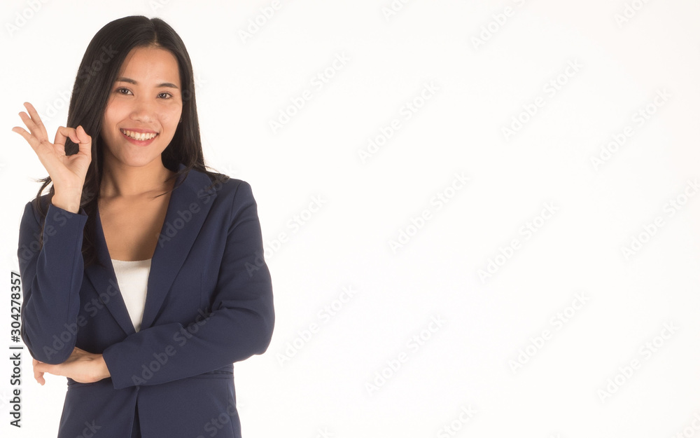 Office, company, staff, businesswoman, clear, silver suit, hold your finger ok okay on the left with confidence in your career Digital technology on a white isolated background texture Office, company, staff, businesswoman, clear, silver suit, hold your finger ok okay on the left with confidence in your career Digital technology on a white isolated background texture