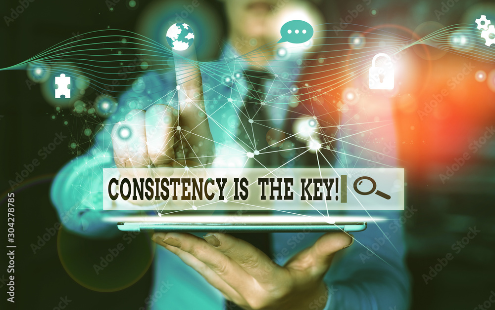 Conceptual hand writing showing Consistency Is The Key. Concept meaning by Breaking Bad Habits and Forming Good Ones Picture photo network scheme with modern smart device Conceptual hand writing showing Consistency Is The Key. Concept meaning by Breaking Bad Habits and Forming Good Ones Picture photo network scheme with modern smart device