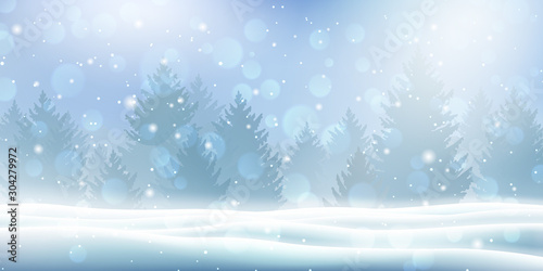Holiday winter landscape with snow and winter tree. Snowfall against Christmas background. Falling shining beautiful snow and coniferous forest. Vector illustration for card, banner or poster.