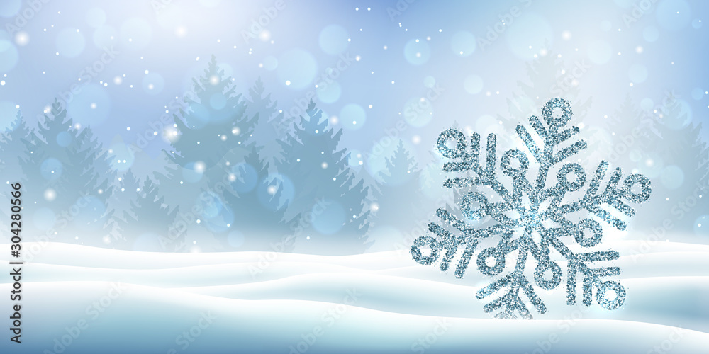 Magic winter background with snow covered christmas trees. Merry Christmas and Happy New Year template with copy space. Big snowflake in snowdrift. Realistic winter snowfall vector illustration.