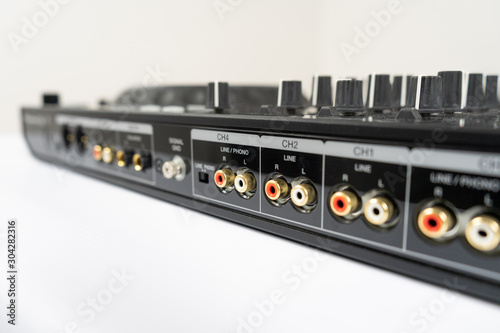 Cable to connect professional DJ midi controller to audio mixer.Concert equipment for home party.Disc jockey technology to mix digital music tracks.RCA audio cables