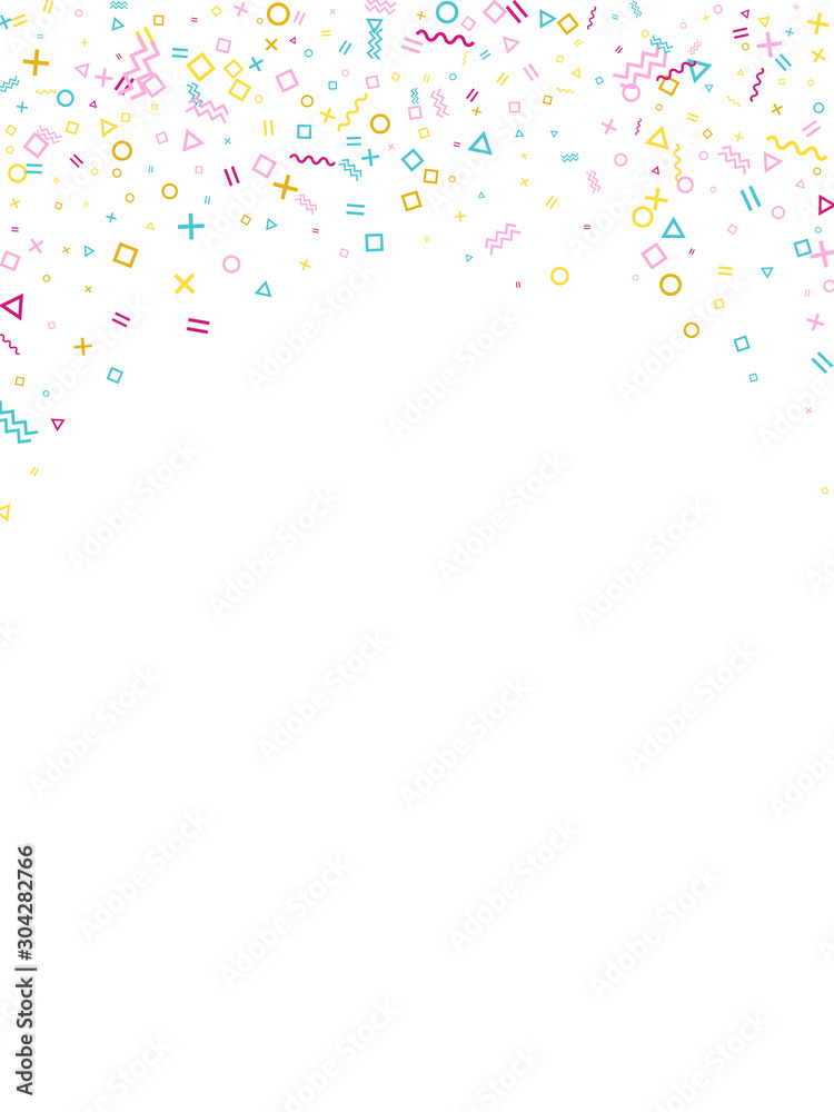Memphis style geometric confetti vector background with triangle, circle, square shapes, zigzag and wavy line ribbons. Memphis style geometric confetti vector background with triangle, circle, square shapes, zigzag and wavy line ribbons.