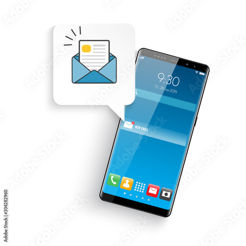 New realistic mobile smartphone modern style. Email notification concept. New email on the smartphone screen. Vector illustration.