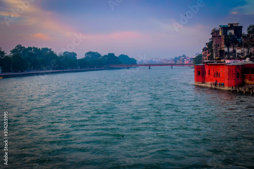 ganga river wide view in haridwar india, ganga river view in haridwar, big ganga river in india photo