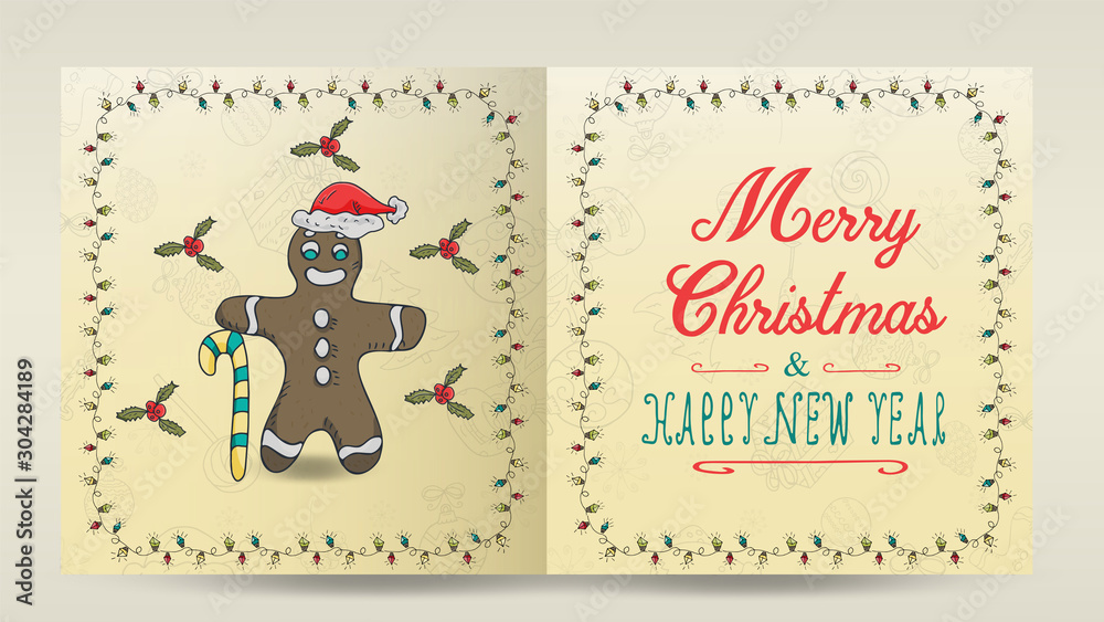 layout of 3 Christmas and new year cards for the design of the print design in the style of childrens Doodle in a frame of garlands divided into two halves with a congratulatory inscription gingerbrea