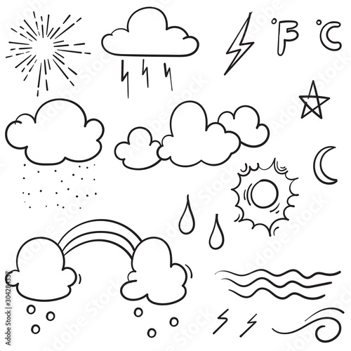 Weather Doodle Vector Set illustration with hand drawn line art style vector