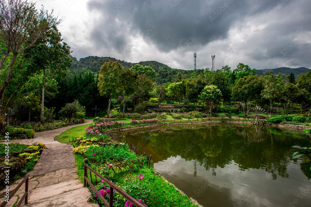 Fototapeta premium Landmark tourist attractions in Chiang Mai,Thailand(Royal Agricultural Station Inthanon),beautiful garden decoration, with a variety of flowers,for tourists to take picture according to the tourist