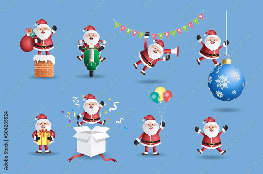 Paper art style of Santa Claus set with different actions, flat-style vector illustration. Paper art style of Santa Claus set with different actions, flat-style vector illustration.