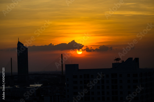 panoramic high-angle evening background of the city view with natural beauty and blurred sunsets in the evening and the wind blowing all the time showing the distribution of city center accommodation