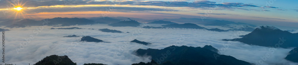 Misty mountains panorama in the morning when sunrise time, Phu Chi Dao Chiangrai Thailand
