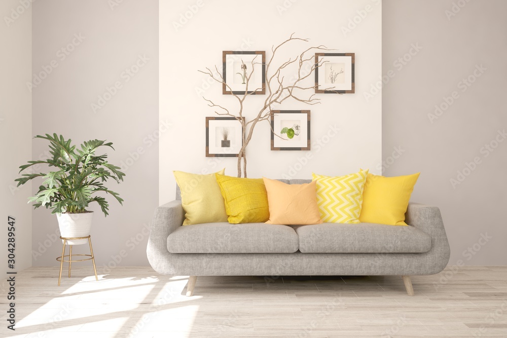 Fototapeta premium Stylish room in white color with yellow sofa. Scandinavian interior design. 3D illustration
