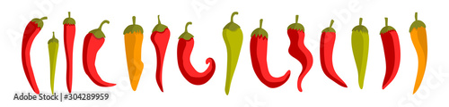 Obraz na płótnie Colorful vector illustration with red chili peppers on a white background. For printing on eco-friendly products for vegetarians, gardeners, cooks, healthy lifestyle. w salonie
