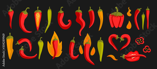  Colorful vector illustration with red chili peppers on a black background. For printing on eco-friendly products for vegetarians, gardeners, cooks, healthy lifestyle.