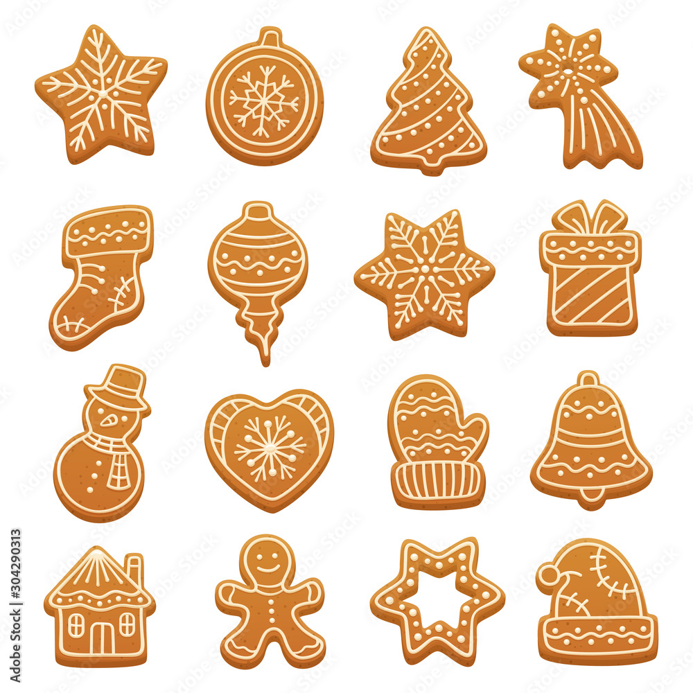 Cartoon gingerbread cookies for celebration design. Christmas vector elements for illustration, cards, banners and holiday backgrounds. Delicious homemade cookies. Festive decorations
