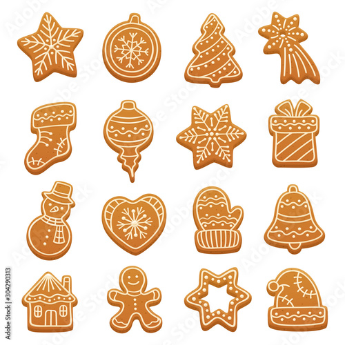 Cartoon gingerbread cookies for celebration design. Christmas vector elements for illustration, cards, banners and holiday backgrounds. Delicious homemade cookies. Festive decorations