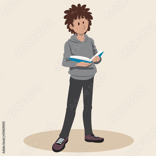 youngman reading books. Book lover, reader, isolated on background. Flat cartoon vector illustration.