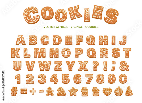 Gingerbread alphabet for decoration design. Christmas vector illustration. Sweet dessert. Winter holiday elements.