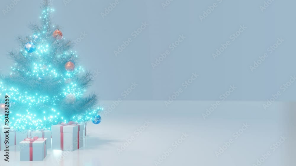 Abstract Christmas background. The camera moves around the Christmas tree with Christmas balls, lights and gift boxes. Looped 4K animation.
