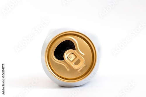 squeezed white aluminum beer can on white background