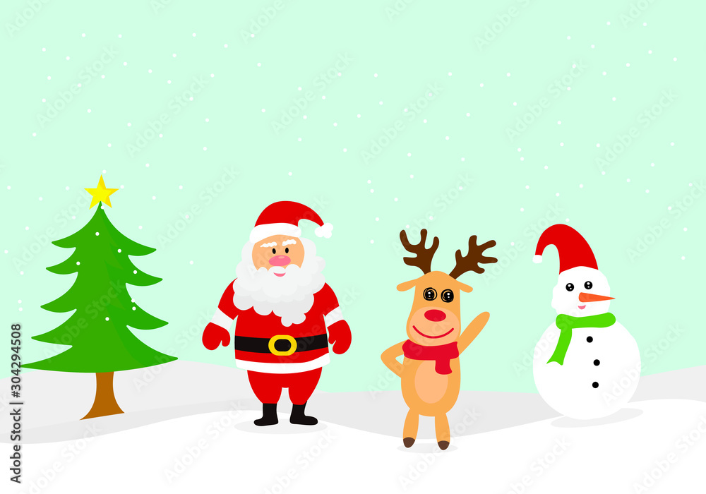 Vector Cute Christmas characters of santa claus reindeer and snowman winter snowy.