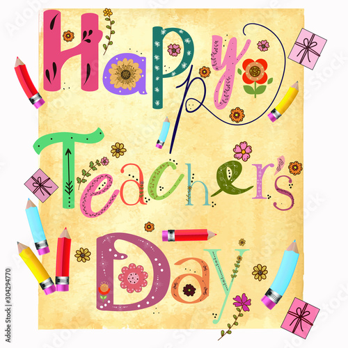 Happy TEACHER day with watercolor background texture.  Teachers day design with decorate text.