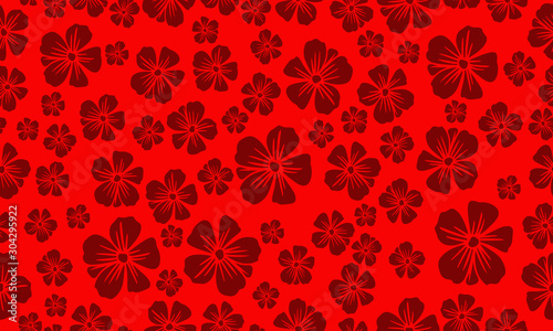 Cute floral pattern background, plant drawing dark red flower.
