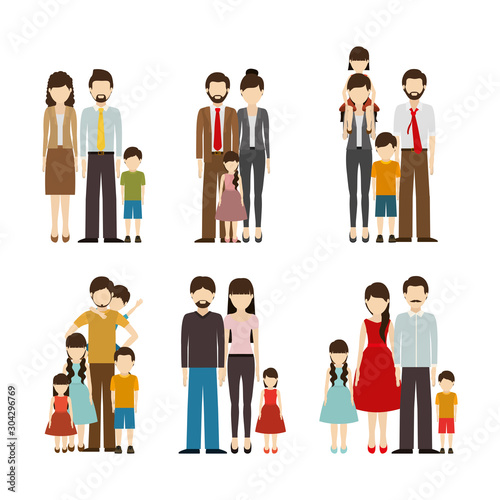Set of fathers and mothers with sons vector design