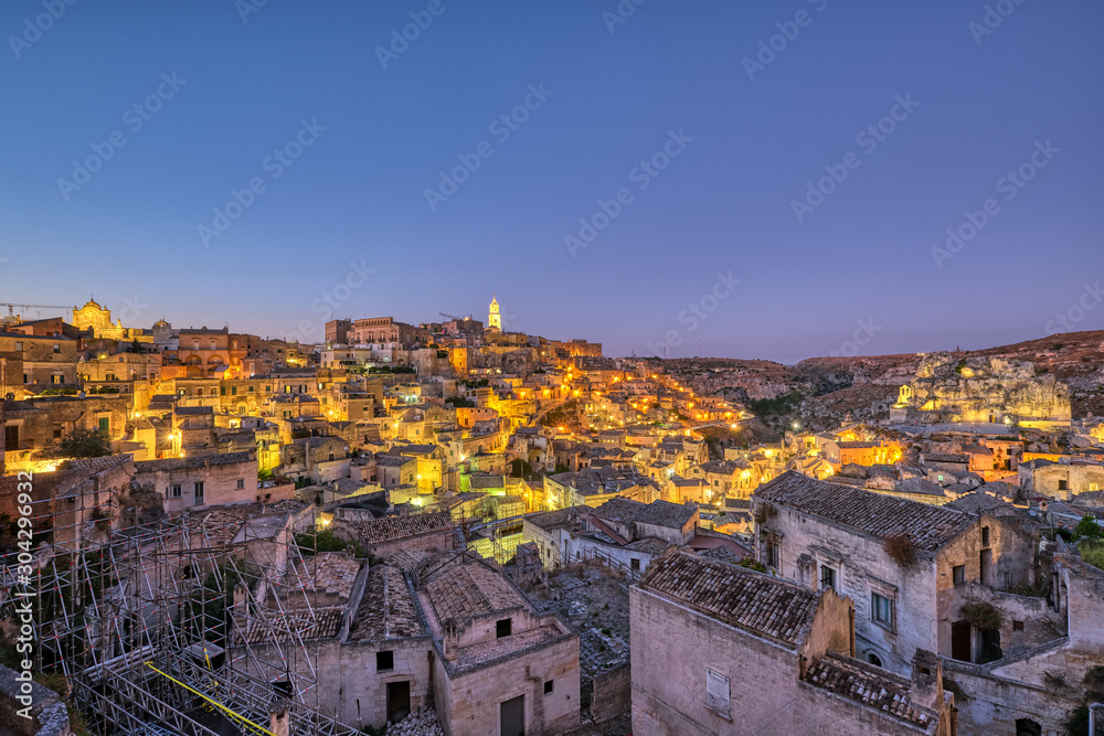 The old town of Matera in southern Italy at dusk