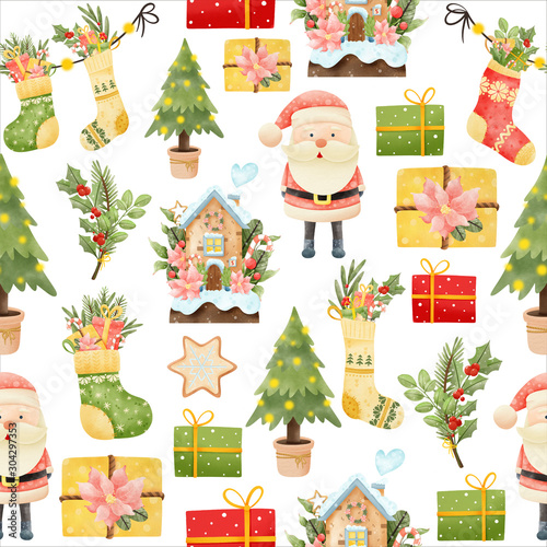 Christmas pattern with a deer  Santa Claus  gifts  house on a white background